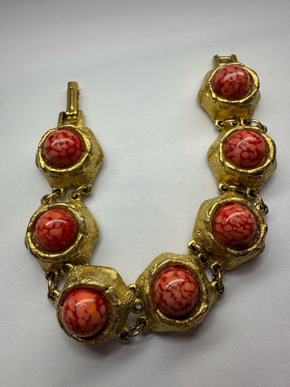Vintage Czech Glass Bracelet For Repair with Red Marbled Glass Cabochons - Picture 11 of 15